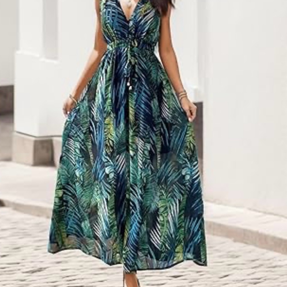 Blue and Green Sleeveless Plunge Maxi Sundress